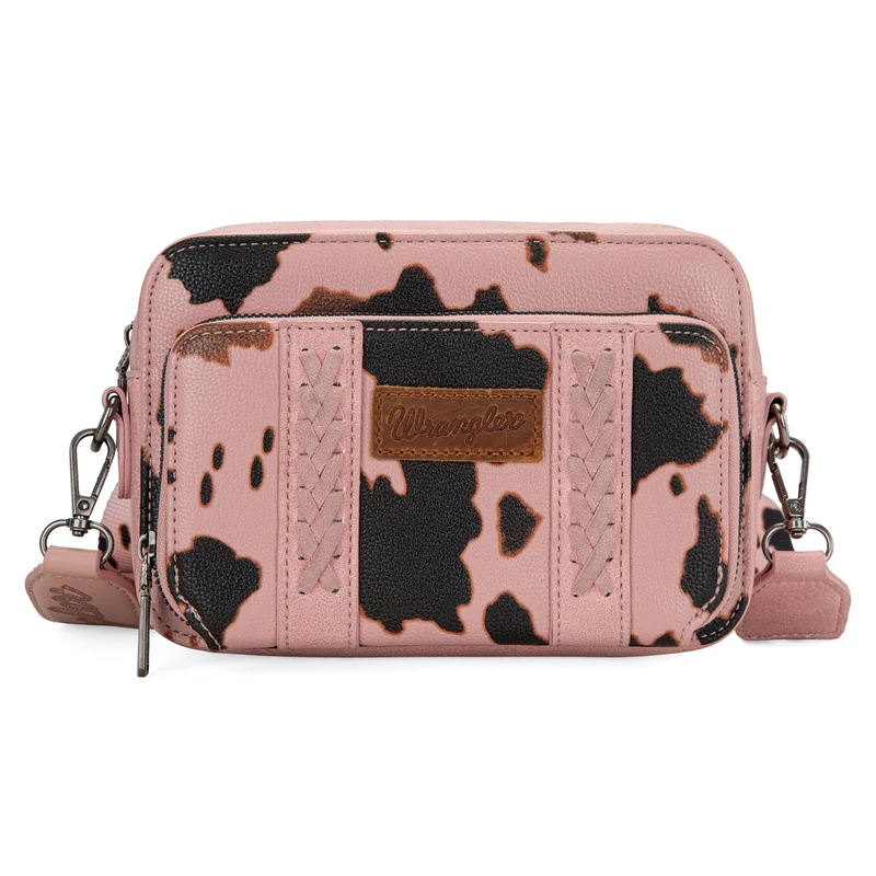 Wrangler Crossbody Bag for Women Western Cowgirl Crossbody Purses with Guitar Strap, Cow Print Pink