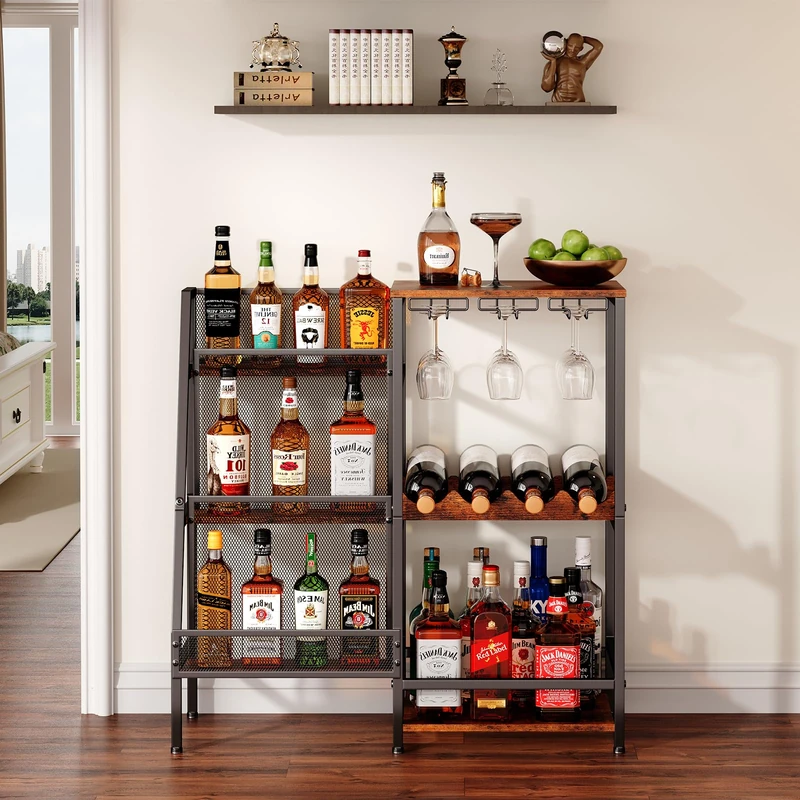 Versatile Liquor Stand for Home Bar, Wine Rack Freestanding Floor, Mini Bar Table for Liquor Whiskey Wine, 3-Tier Trapezoidal Liquor Bottle Display Shelf with Glass Holder and Fences(Patent Pending)
