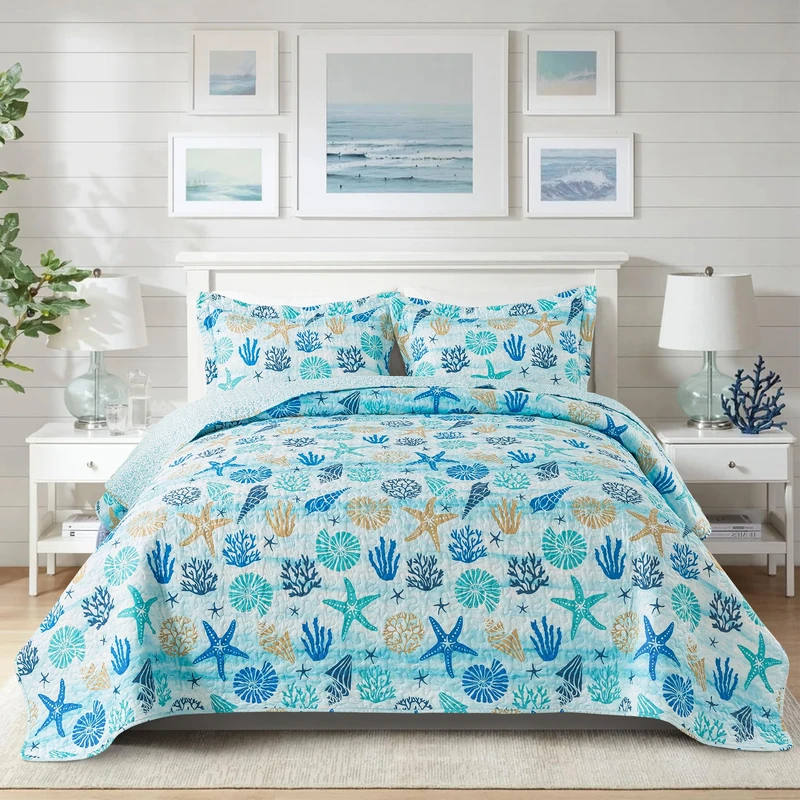 NEWLAKE Quilt Bedspread Sets - West Coastal Pattern Reversible Coverlet Set, King Size
