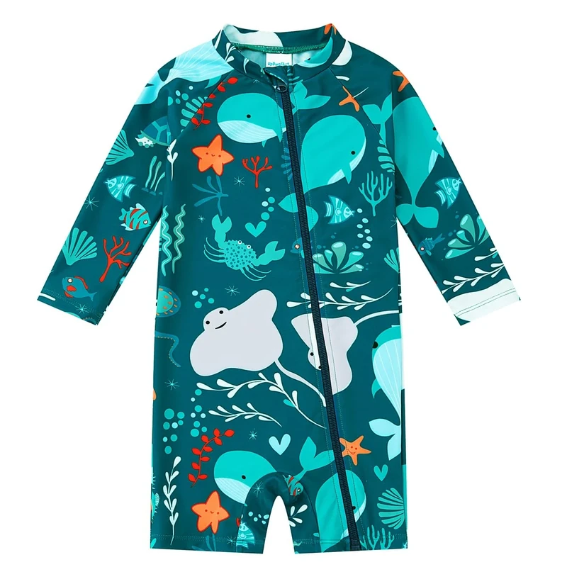 upandfast Baby Girl/Boy Swimwear Toddler Rashguard with Full-Length Zipper UPF 50+ Infant One Piece Bathing Suit (UK, Age, 6 Months, 9 Months, Green Whale)
