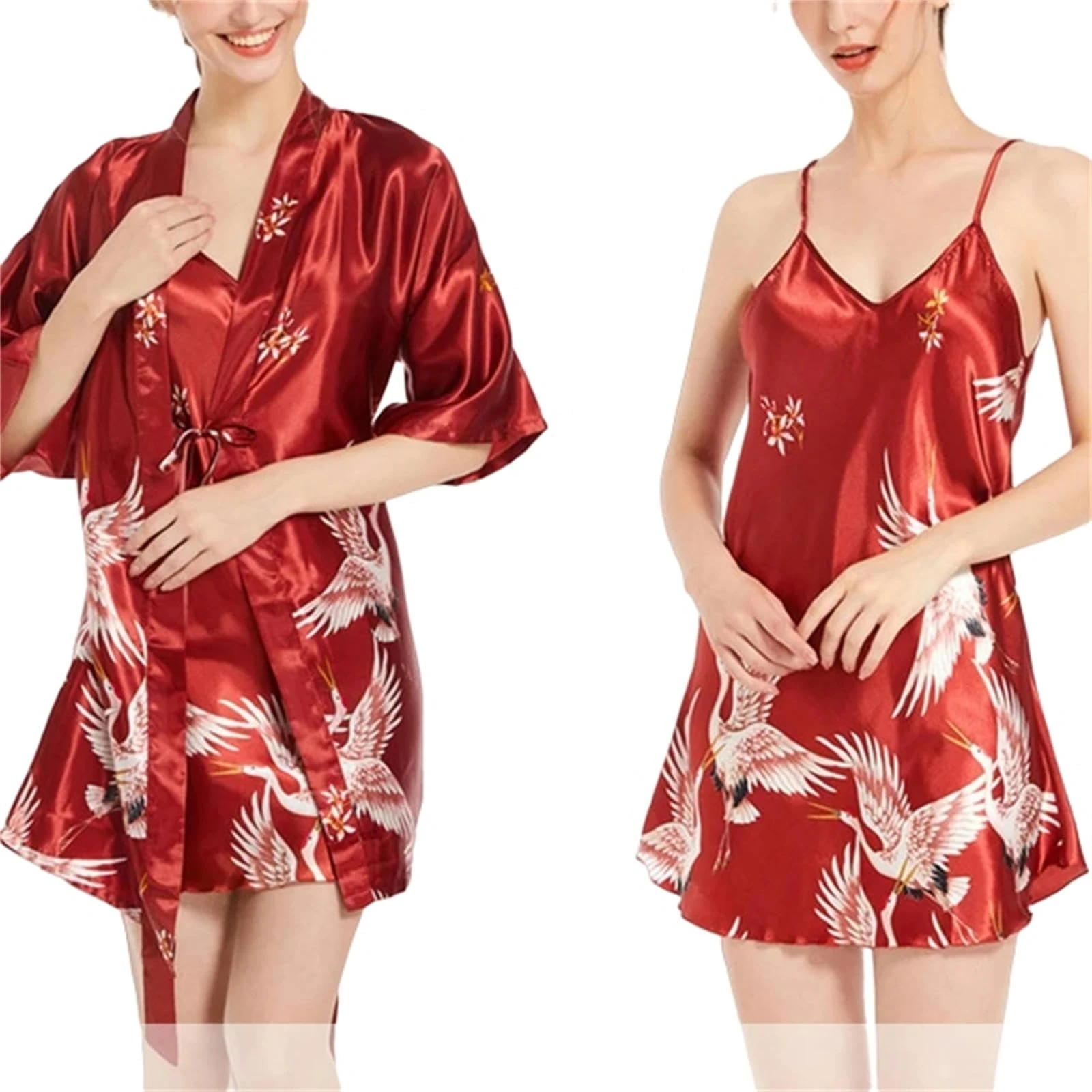 CBLdF Pajamas Women'S Satin Printed Robe Nightdress Set Pajamas Pyjamas Nightwear Sleepwear Casual-B-1-M