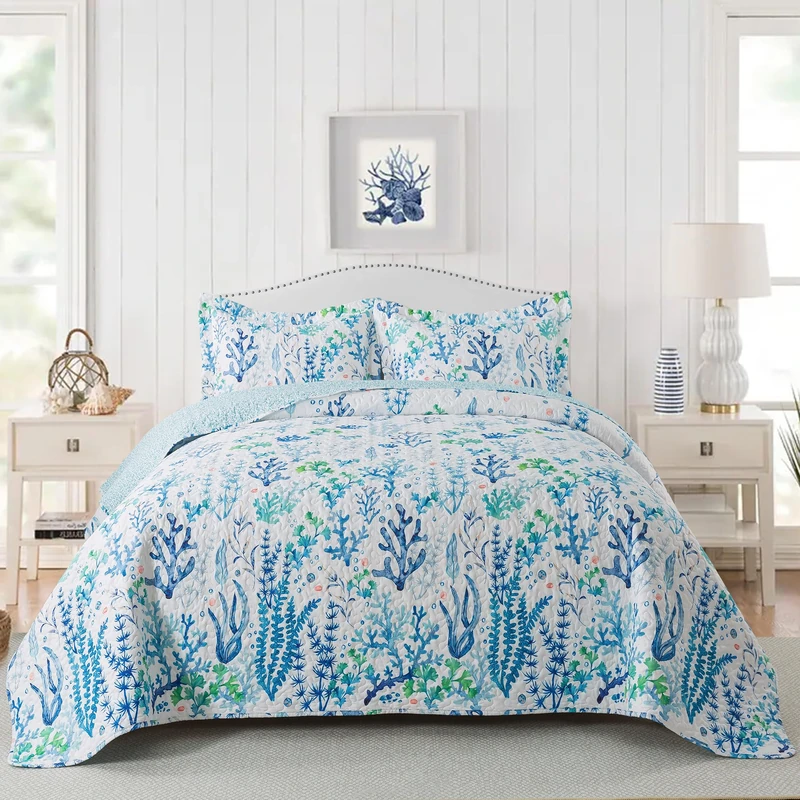 NEWLAKE Quilt Bedspread Sets, Bed Blankets - West Coastal Pattern Reversible Coverlet Set, Queen Size