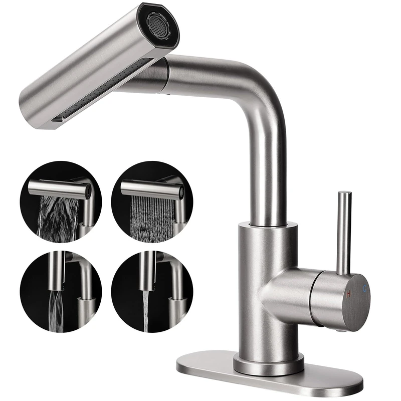 4 Modes Pull Down Sprayer Bathroom Faucet, Matte Black Bathroom Sink Faucet, Single Lever Tall Bathroom Faucet 1 or 3 Hole with Pop Up Drain and Deck Mounting Plate