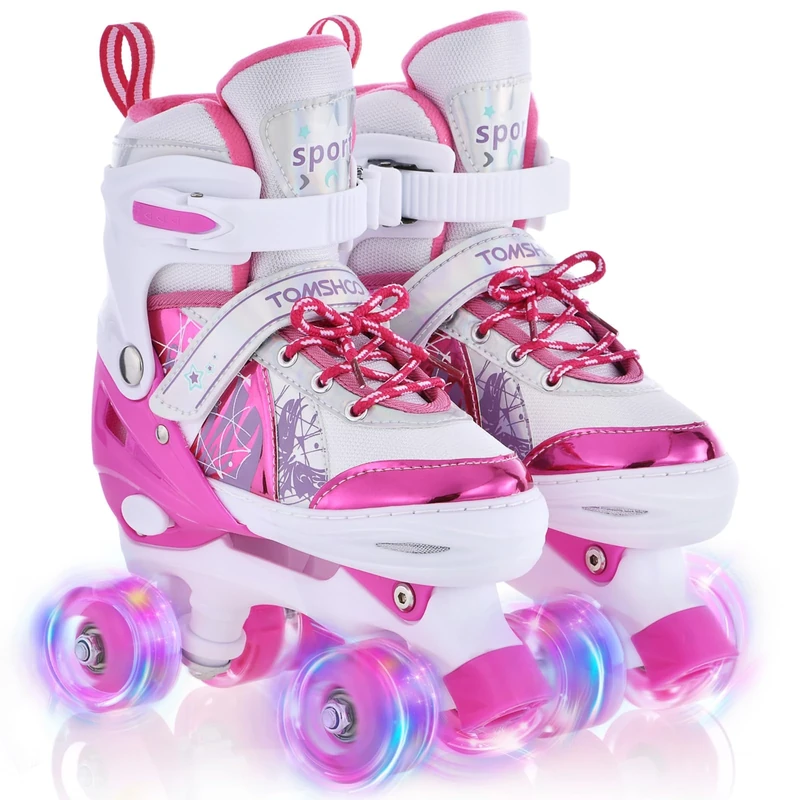TOMSHOO Roller Skates for Girls Kids Roller Skates 4 Sizes Adjustable With 8 Light Up Wheels Children's Quad Skates for Christmas and Birthday Gifts