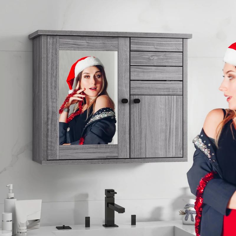 YITAHOME Bathroom Cabinet Mirrored, Wall Mounted Storage Furniture, Modern Storage Cupboard, Mirror Cabinet, Medicine Cabinet, Wall Hanging Over Toilet Storage Cabinet, 60 * 20 * 49.2 CM (Grey)