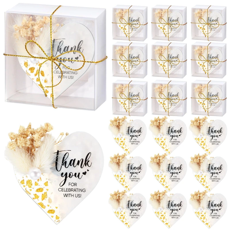 Coume Crystal Resin Fridge Magnet Wedding Favors & Gifts - Bulk Pack of 24, Classic Style with Dry Flowers & Thank You Text