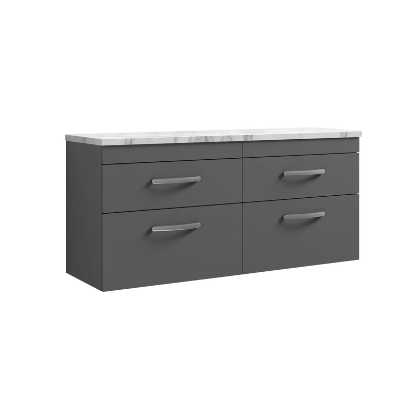 nuie ATH078LCM2 Athena Modern Bathroom Wall Hung 4 Soft Close Drawer Vanity Unit and Carrera Marble Laminate Worktop, 1200mm, Gloss Grey