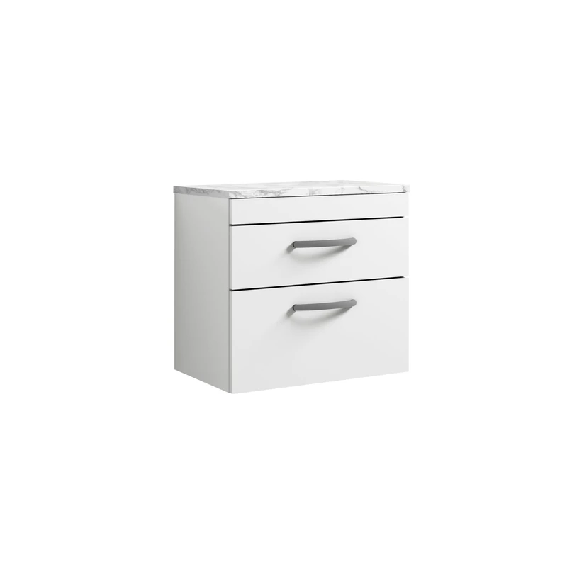 nuie ATH048LCM Athena Modern Bathroom Wall Hung 2 Soft Close Drawer Vanity Unit and Carrera Marble Laminate Worktop, 600mm, Gloss White