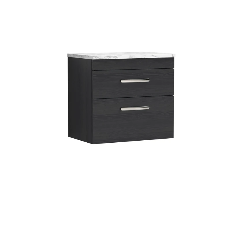 nuie ATH047LCM Athena Modern Bathroom Wall Hung 2 Soft Close Drawer Vanity Unit and Carrera Marble Laminate Worktop, 600mm, Charcoal Black Woodgrain