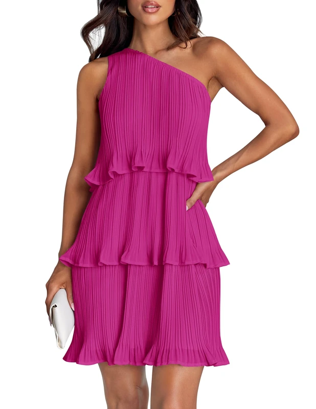 ZESICA Women's 2025 Summer Sleeveless Mini Dress Boho One Shoulder Ruffle Tiered Layered Chiffon Flowy A Line Dresses, Rose, L