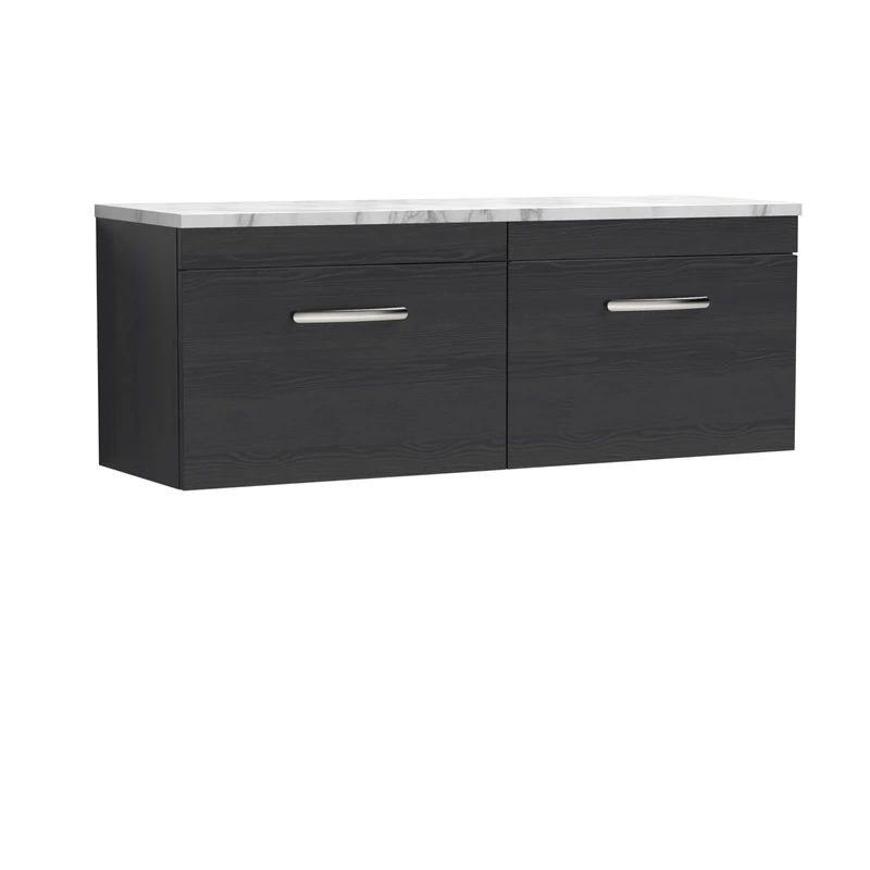 nuie ATH040LCM2 Athena Modern Bathroom Wall Hung 2 Soft Close Drawer Vanity Unit and Carrera Marble Laminate Worktop, 1200mm, Charcoal Black Woodgrain