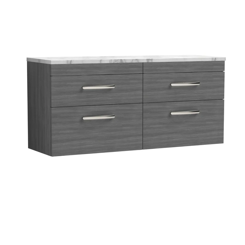 nuie ATH046LCM2 Athena Modern Bathroom Wall Hung 4 Soft Close Drawer Vanity Unit and Carrera Marble Laminate Worktop, 1200mm, Anthracite Woodgrain