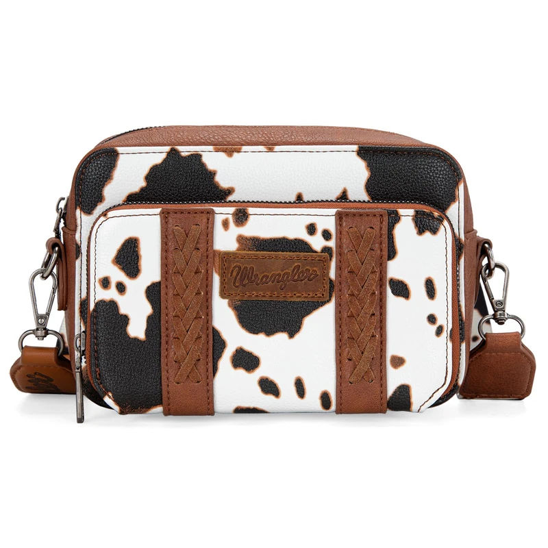Wrangler Cow Print Crossbody Bag for Women Western Cowgirl Crossbody Purses with Guitar Strap, Brown