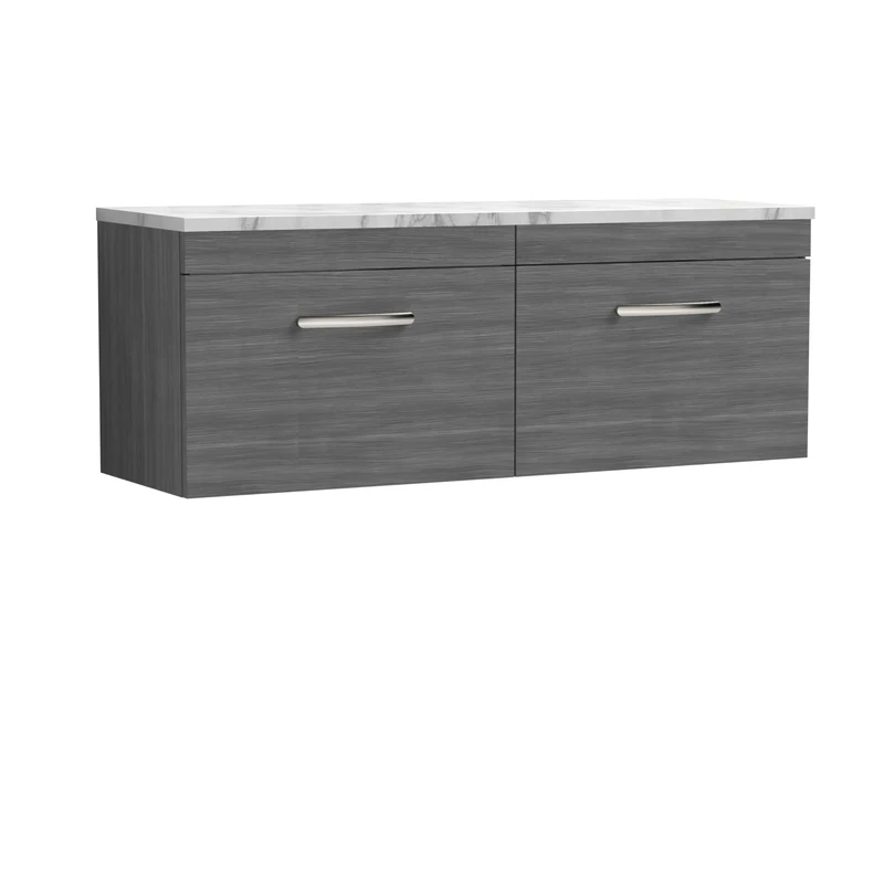 nuie ATH039LCM2 Athena Modern Bathroom Wall Hung 2 Soft Close Drawer Vanity Unit and Carrera Marble Laminate Worktop, 1200mm, Anthracite Woodgrain