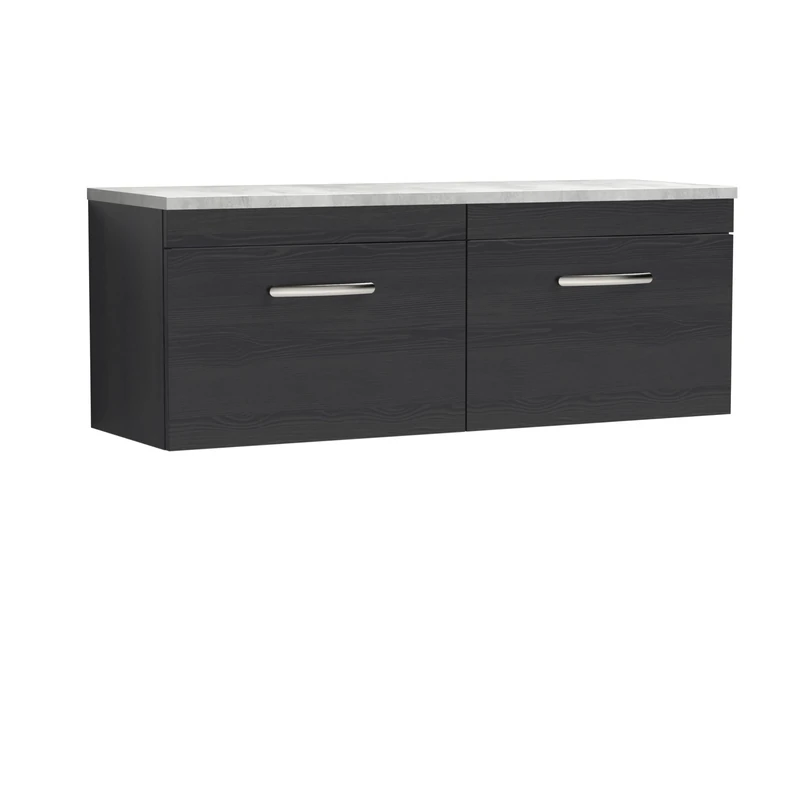 nuie ATH040LBG2 Athena Modern Bathroom Wall Hung 2 Soft Close Drawer Vanity Unit and Bellato Grey Laminate Worktop, 1200mm, Charcoal Black Woodgrain