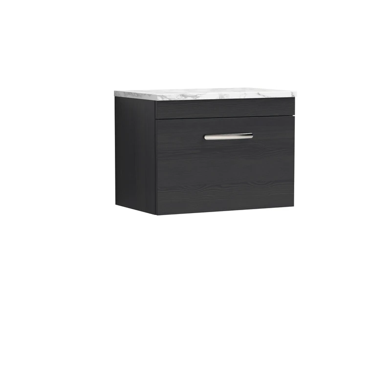nuie ATH040LCM Athena Modern Bathroom Wall Hung Single Drawer Vanity Unit and Carrera Marble Laminate Worktop, 600mm, Charcoal Black Woodgrain