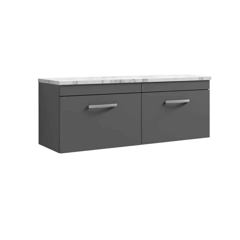 nuie ATH077LCM2 Athena Modern Bathroom Wall Hung 2 Soft Close Drawer Vanity Unit and Carrera Marble Laminate Worktop, 1200mm, Gloss Grey
