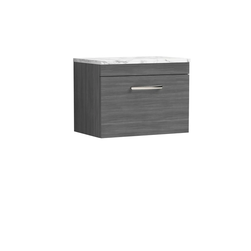 nuie ATH039LCM Athena Modern Bathroom Wall Hung Single Soft Close Drawer Vanity Unit and Carrera Marble Laminate Worktop, 600mm, Anthracite Woodgrain