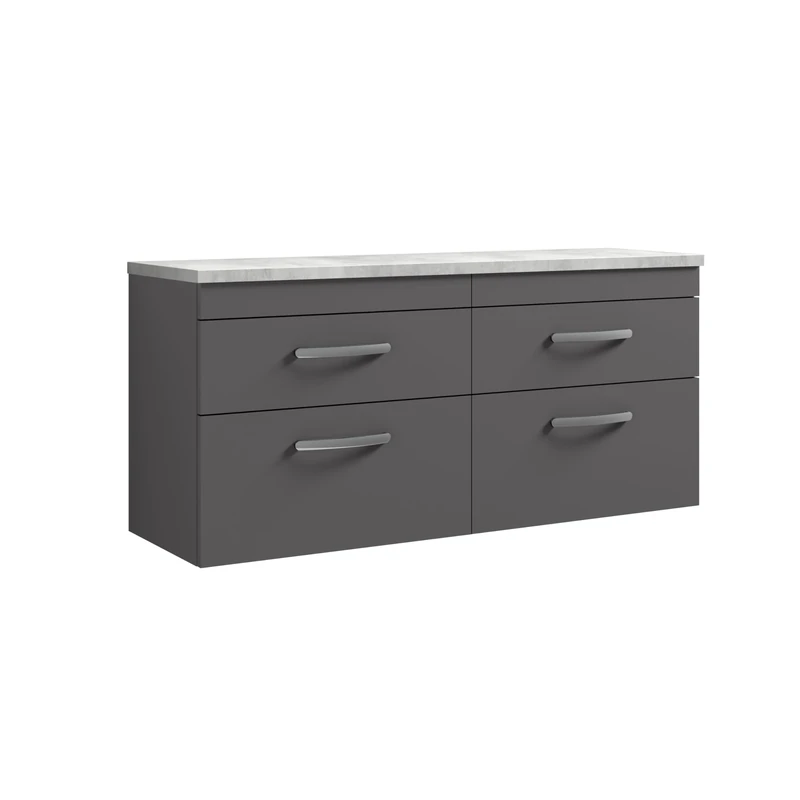 nuie ATH078LBG2 Athena Modern Bathroom Wall Hung 4 Soft Close Drawer Vanity Unit and Bellato Laminate Worktop, 1200mm, Gloss Grey