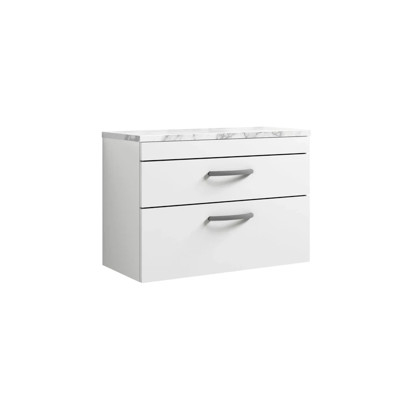 nuie ATH069LCM Athena Modern Bathroom Wall Hung 2 Soft Close Drawer Vanity Unit and Carrera Marble Laminate Worktop, 800mm, Gloss White