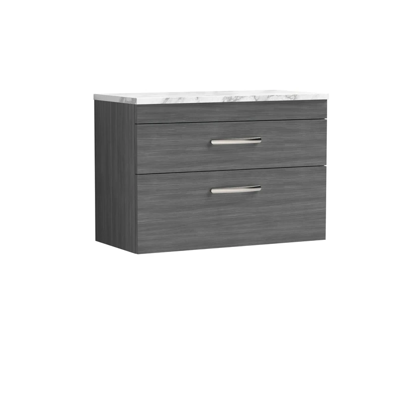 nuie ATH067LCM Athena Modern Bathroom Wall Hung 2 Soft Close Drawer Vanity Unit and Carrera Marble Laminate Worktop, 800mm, Anthracite Woodgrain
