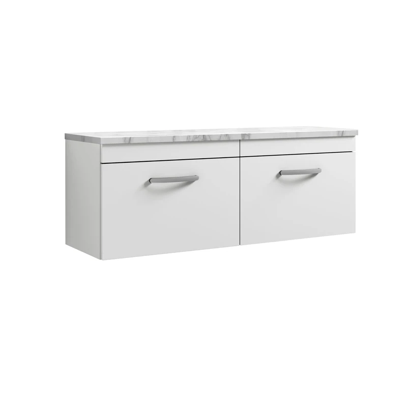 nuie ATH041LCM2 Athena Modern Bathroom Wall Hung 2 Soft Close Drawer Vanity Unit and Carrera Marble Laminate Worktop, 1200mm, Gloss White