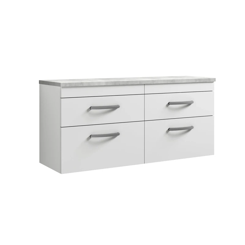 nuie ATH048LBG2 Athena Modern Bathroom Wall Hung 4 Soft Close Drawer Vanity Unit and Bellato Grey Laminate Worktop, 1200mm, Gloss White