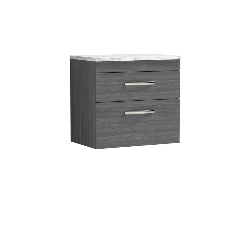 nuie ATH046LCM Athena Modern Bathroom Wall Hung 2 Soft Close Drawer Vanity Unit and Carrera Marble Laminate Worktop, 600mm, Anthracite Woodgrain