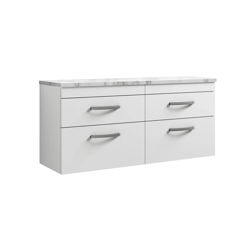 nuie ATH048LCM2 Athena Modern Bathroom Wall Hung 4 Soft Close Drawer Vanity Unit and Carrera Marble Laminate Worktop, 1200mm, Gloss White