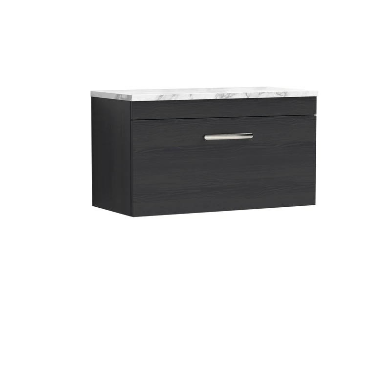 nuie ATH061LCM Athena Modern Bathroom Wall Hung Single Drawer Vanity Unit and Carrera Marble Laminate Worktop, 800mm, Charcoal Black Woodgrain