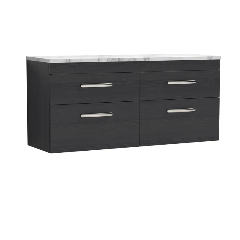 nuie ATH047LCM2 Athena Modern Bathroom Wall Hung 4 Soft Close Drawer Vanity Unit and Carrera Marble Laminate Worktop, 1200mm, Charcoal Black Woodgrain
