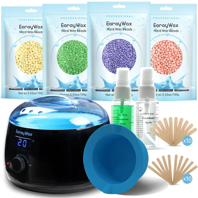EARAYWAX Hair Removal Kit for Women and Men, Wax Heater for Home Hair Removal with Hard Wax Beads and Silicone Pot, Suitable for Sensitive Skin, Brazilian Bikini, Face