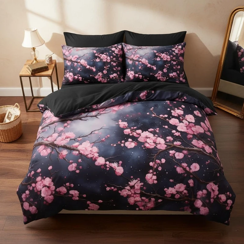 CCoutueChen Japanese Style Cherry Blossoms Comforter Set King Size Black Floral Bedding Set Aesthetic Painting Artwork Comforter 3Pcs Ultra Soft Down Alternative Comforter with 2 Pillowcases