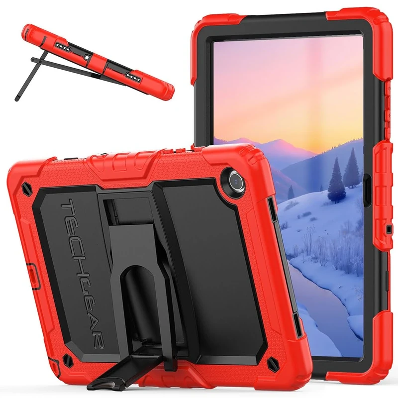 TECHGEAR ArmourSHIELD Case For Samsung Galaxy Tab A9 Plus 11" 2023 (SM-X210 / SM-X215) Full Body Tough Shockproof Rugged Case with Folding Stand & Screen Protector, Kids Schools Work, Red