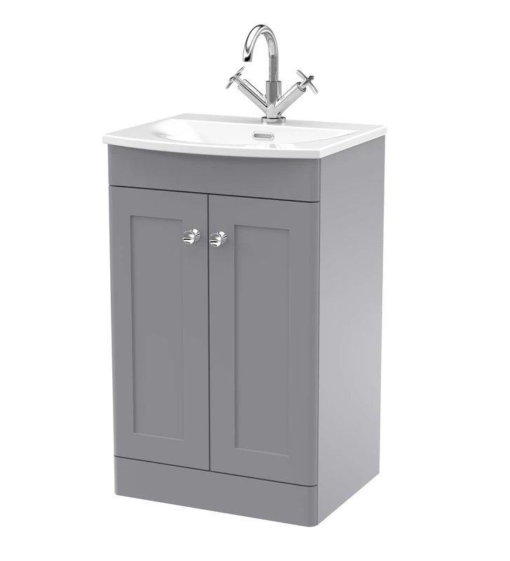nuie CLC223J Classique Traditional Bathroom Floor Standing 2 Soft Close Door Vanity Unit and Curved Basin, 500mm, Satin Grey