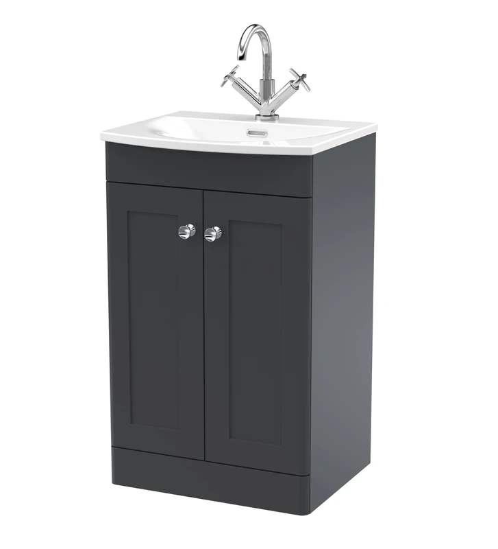 nuie CLC1423J Classique Traditional Bathroom Floor Standing 2 Close Door Vanity Unit and Curved Basin, 500mm, Soft Black