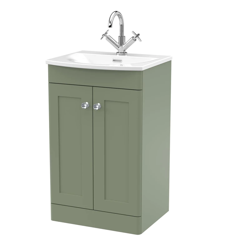 nuie CLC823J Classique Traditional Bathroom Floor Standing 2 Soft Close Door Vanity Unit and Curved Basin, 500mm, Satin Green