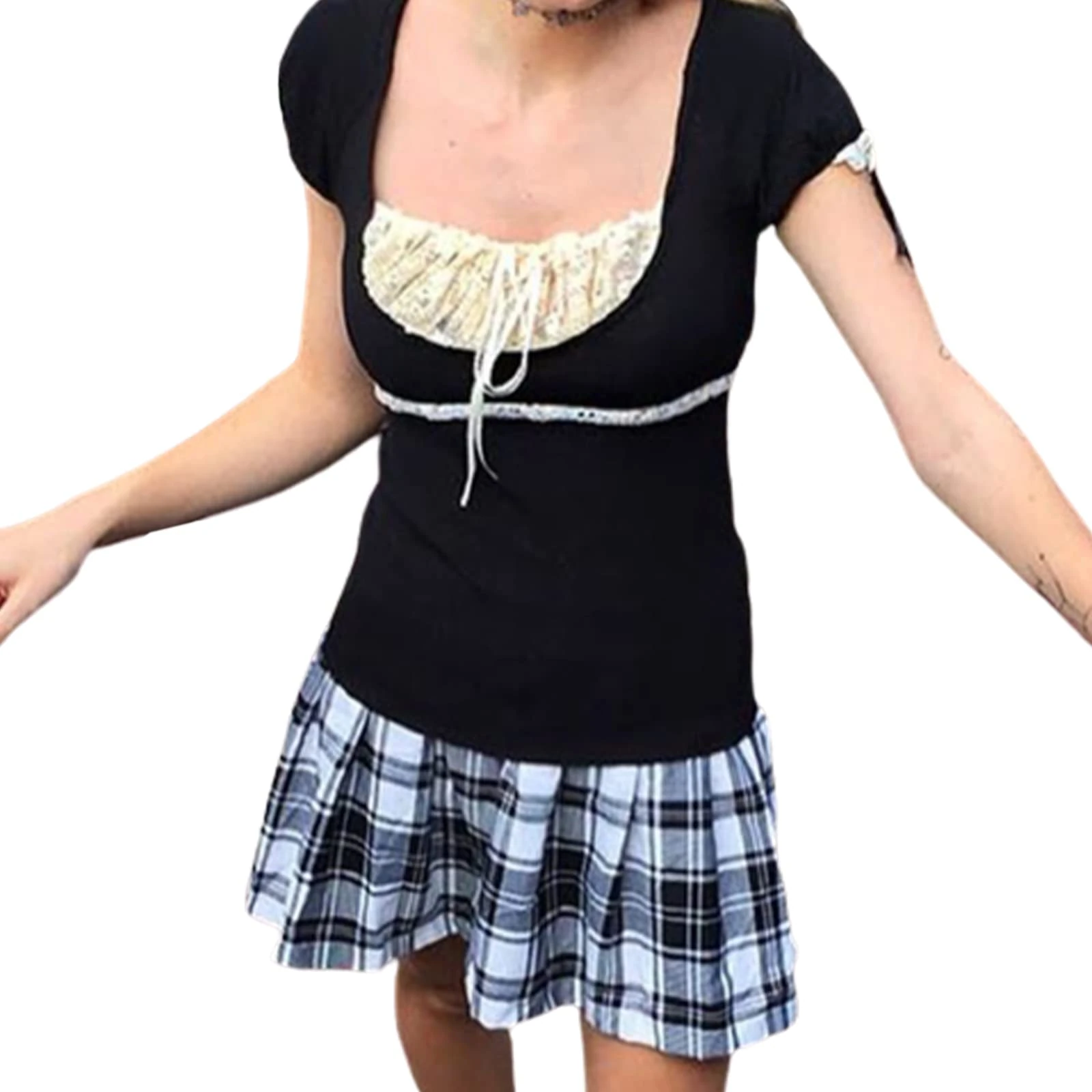 Women Lace Stitching V-Neck Fairy Crop Tops Y2K Short Sleeve Tight Shirt Spring Fall Downtown Girl Coquette Clothing (Black, M)