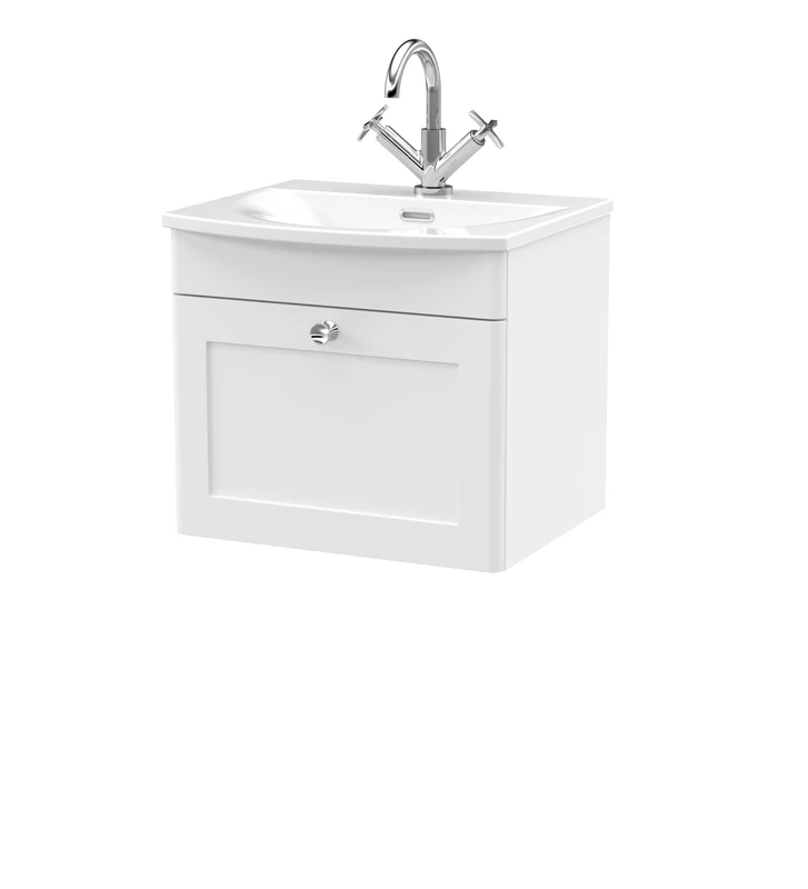 nuie CLC191J Classique Traditional Bathroom Wall Hung 1 Soft Close Drawer Vanity Unit and Curved Basin, 500mm, Satin White