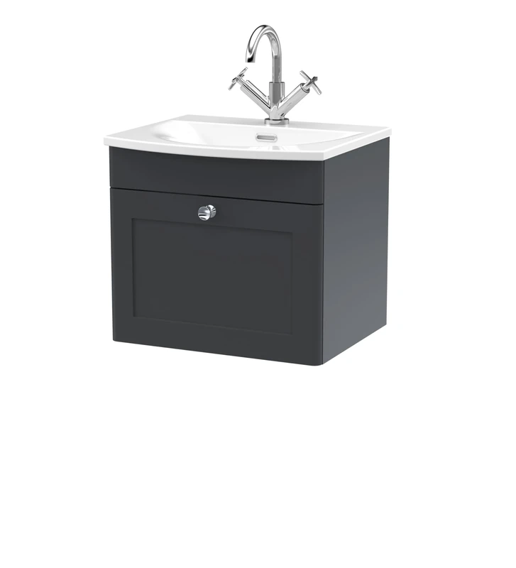 nuie CLC1491J Classique Traditional Bathroom Wall Hung 1 Close Drawer Vanity Unit and Curved Basin, 500mm, Soft Black