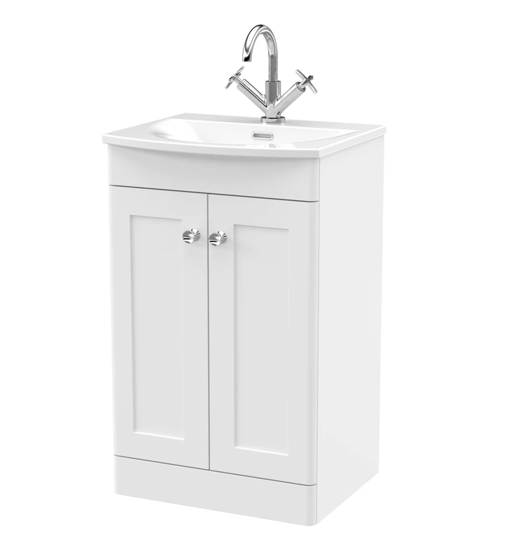 nuie CLC123J Classique Traditional Bathroom Floor Standing 2 Soft Close Door Vanity Unit and Curved Basin, 500mm, Satin White