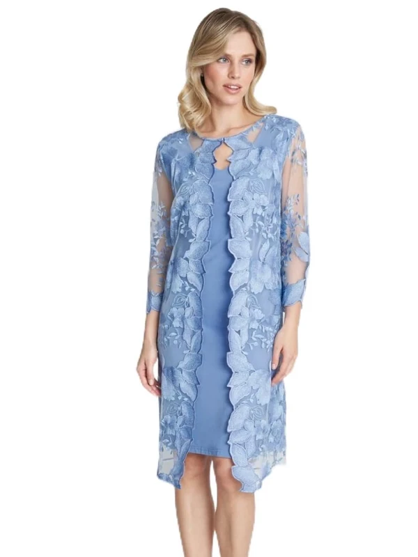 Gina Bacconi Women's Embroidered Lace Mock Jacket with Jersey Dress Cocktail, Hydrangea, 20