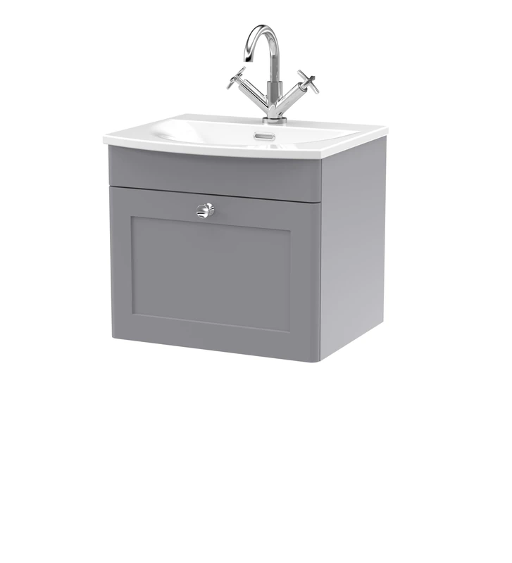 nuie CLC291J Classique Traditional Bathroom Wall Hung 1 Soft Close Drawer Vanity Unit and Curved Basin, 500mm, Satin Grey