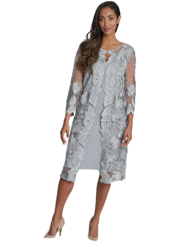Gina Bacconi Embroidered Lace Mock Jacket with Jersey Dress, Dove, 14