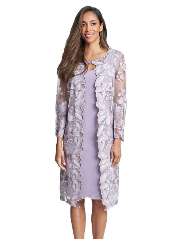 Gina Bacconi Women's Embroidered Lace Mock Jacket with Jersey Dress Cocktail, Orchid Mist, UK 11.5