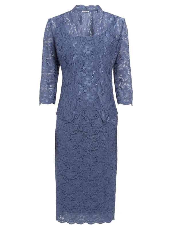 Gina Bacconi Midi Length Sequin Lace Dress with Illusion Sleeve Jacket, Wedgewood, 12