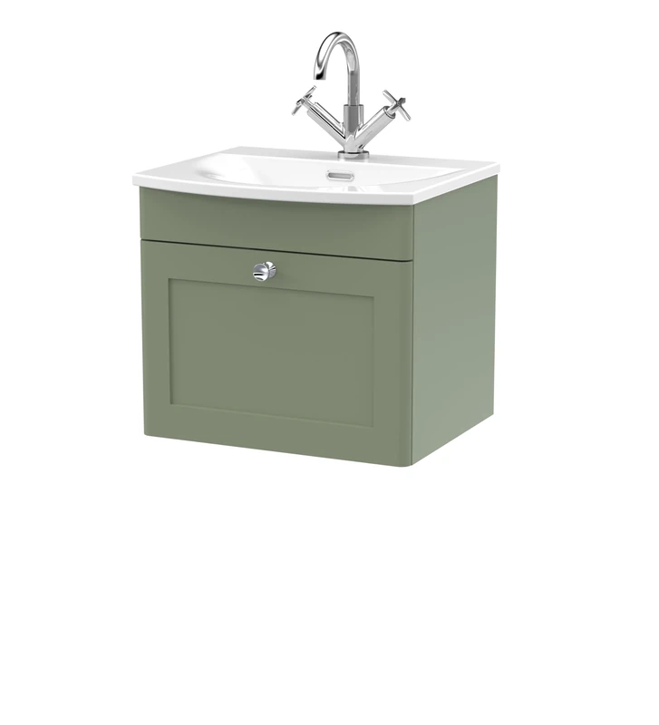 nuie CLC891J Classique Traditional Bathroom Wall Hung 1 Soft Close Drawer Vanity Unit and Curved Basin, 500mm, Satin Green