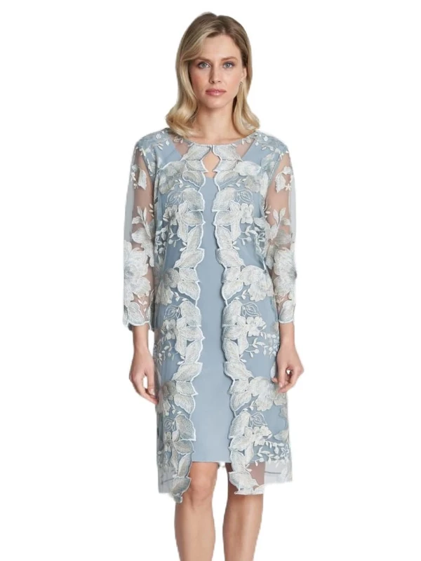 Gina Bacconi Embroidered Lace Mock Jacket with Jersey Dress, ICE SAGE, 18
