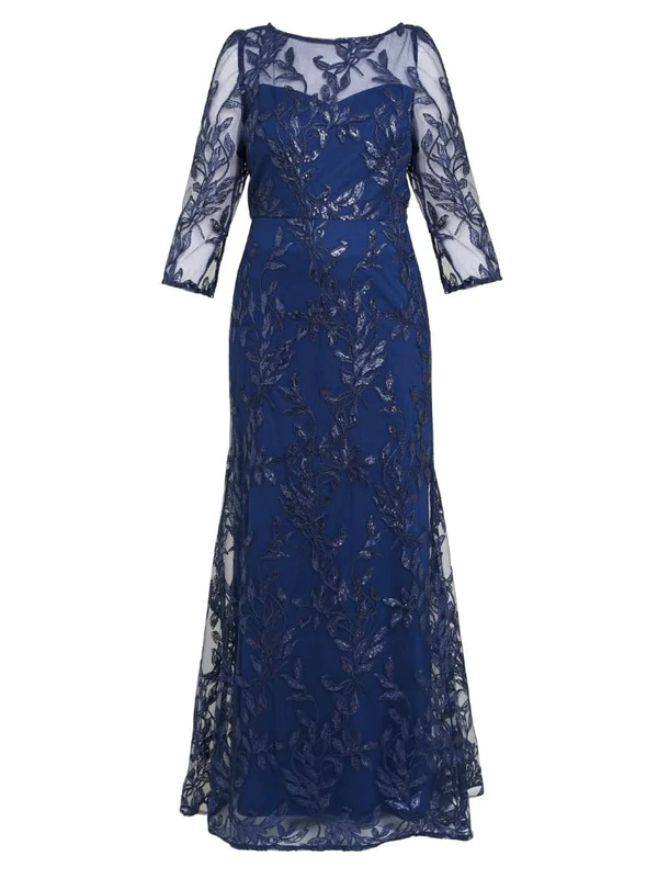Gina Bacconi Women's Beaded Maxi Dress with Illusion Sleeves Cocktail, Navy, 10