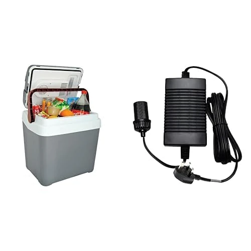 Koolatron Thermoelectric Iceless 12V Electric Cool Box, 24 L Portable Travel Cooler Box Refrigerator 230V AC to 12V DC Power Adapter Inverter/Converter with Circuit Breaker for Car Fridge